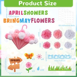 Naozinebi April Showers Bring May Flowers Bulletin Board with 3D Tissue Paper Pompoms Summer Floral Classroom Decoration Umbrella Clouds Flower Cutouts for Window Home Class School Nursery Supplies