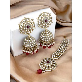 Aheli Gold Plated Kundan Studded Maroon Beads Jhumki Earrings & Maangtikka Ethnic Bridal Jewellery Set Gift for Women