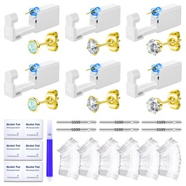 TKKUY 31 Pcs Ear Piercing Kit Ear Disposable Piercing Gun Kit 6 Pcs Self Piercing Gun with Cubic Zirconia Earrings Opal Ear Stud with S999 Silver Ear Sticks Ear Covers Piercer Kit Tool Gold
