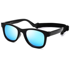 Flexible Polarized Baby Sunglasses with Strap Adjustable for Toddler & Newborn Infant 0-18 Months (Black/Blue Mirrored)