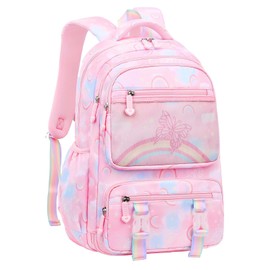 Mildame Kids Backpack for Girls Cute Rainbow Butterfly Backpacks for Teen Girls Age 8-12 Kindergarten Elementary Bookbag,Pink