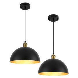PINDODO Vintage Dome Pendant Lights 2 Pack,Industrial Black and Gold Pendant Lighting for Kitchen Island, 11.8 Inch Farmhouse Ceiling Hanging Lamp for Dining Room Entryway Bar Restaurant