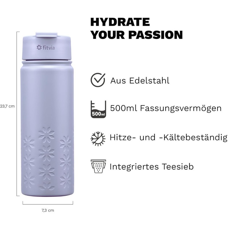 fitvia Thermos Flask "Purple" 500 ml Stainless Steel, Integrated Tea