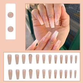 YoYoee Nude Press On Nails Long Coffin Fake Nails Gradient Acrylic False Nails Marble Nails for Wonen and Girls (24 PCS)