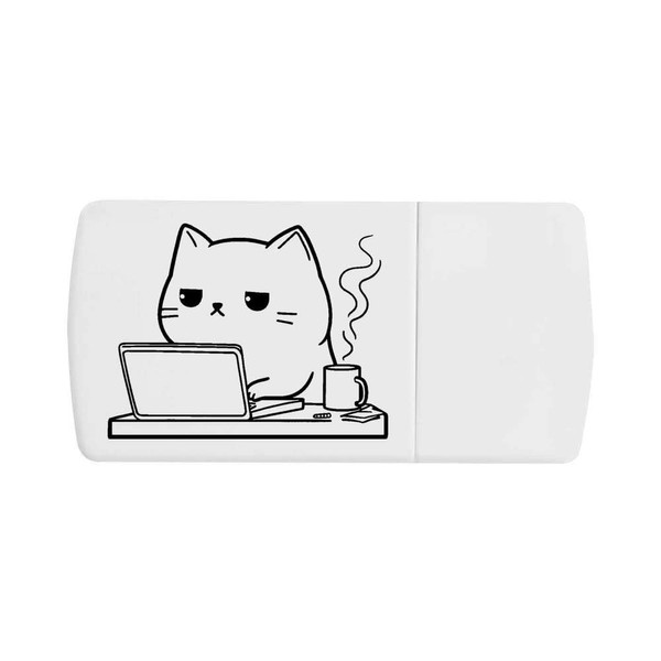 'Exhausted Cat Working with Coffee' Pill Box with Tablet Splitter