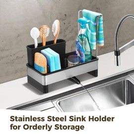 Stainless Steel Sink Organizer with Adjustable Dividers, Non-Slip Base, Drain Tray, Brush Holder for Kitchen Cleaning Tools
