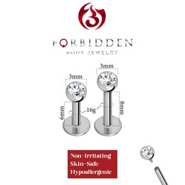 Forbidden Body Jewelry 16G-18G Internally Threaded Solid Titanium Tragus/Helix Earring/Labret Stud with CZ Ball Top, Titanium, cubic-zirconia