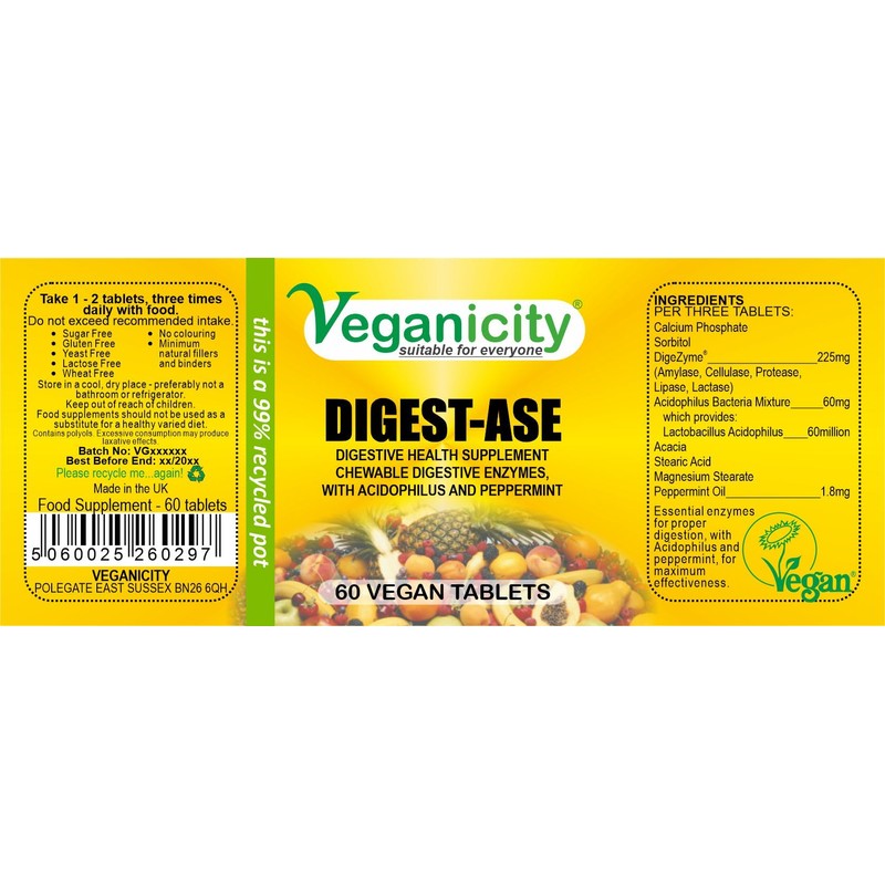 Veganicity Digest-Ase : Digestive Health Supplement : 60 Tablets, in