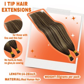 Sunny Hair 22inch I Tip Hair Extensions Medium Brown Balayage Caramel Blonde Mix Brown I Tip Hair Extensions Human Hair for Wedding Itip Hair Extensions Tip Hair Extensions Add Length 50g 50s