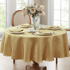 Newbridge Portofino Scalloped Damask Fabric Tablecloth, Wrinkle and Stain Resistant Fine Dining and Holiday Tablecloth, 90 Inch Round, Gold