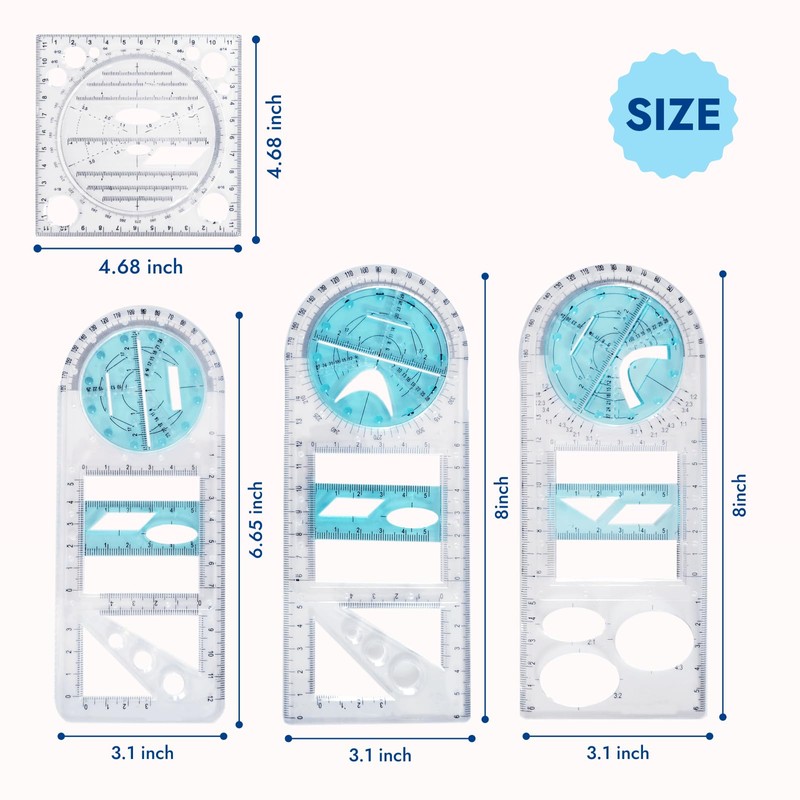 Zakrafo 4 Pcs Multifunctional Geometric Ruler,Math Measuring Rulers for Drawing