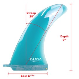 KONA SURF CO. Classic Single Single Center Fin for Longboard, Surfboard and Paddleboard in Fiberglass Blue sz:10in
