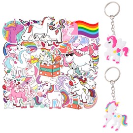 LCIEFKAE 50 Rainbow Horse Graffiti Stickers, 2 Rainbow Horse Key Rings, Cute Caric Waterproof Stickers, Animal Heating Ornaments, Funny Decorations