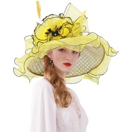 Z&X Women's Organza Derby Church Fascinator Hat Sequin Squares Wide Brim Wedding Tea Party Hat Yellow