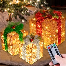 [ Super Large 12"-10"-8" ] 3 Pack Christmas 60 LED Lighted Gift Boxes Decor Timer 8 Modes Remote Battery Operated Gold Glitter Boxes Decorations Outdoor Home Indoor Xmas Tree Yard