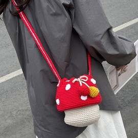 Mushroom Crochet Bag | Fashion Shoulder Bag | Knitted Coin Purse, Crochet Purse, Knitted Shoulder Bag, Hand-Woven for Headphones, Earbuds, Stylish Accessory
