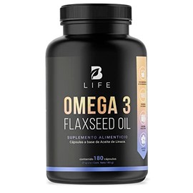 Aceite de Linaza Puro Omega 3 180 Cápsulas. Ingredientes naturales: Ácido Alfa Linolénico. Omega 3 Flaxseed Oil B Life.