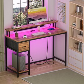 GreenForest Computer Desk with Fabric Drawers 47 inch Small Desk with Monitor Stand and Reversible Shelf Writing Desk with Power Outlets and LED Lights for Small Space Work from Home Office,Walnut