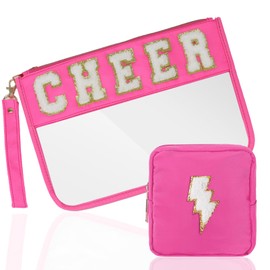 SUILU 2 Pcs Cosmetic Makeup Bag with Chenille Letter Patch,with Handles PVC Waterproof Clear Makeup Bag,Portable Toiletry Storage Bag, Cheer, 15.8 x 23 inches