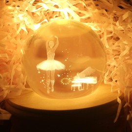 MJKOPEE Crystal Ball Music Box, 360° Rotating Wooden Music Box, Princess Ballet Night Light, Music Box with Warm Projection Light for Christmas, Birthday, Valentine's Day Gift