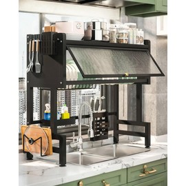 ASIEIT Dish Drying Rack, 3-Tier Over Sink Dish Drainer Drying Rack, 33.5" Over Sink Dish Rack for Small Kitchen, Space-Saving Drying Rack with Cover, Baskets, Utensil, Large Sink Storage Organizer