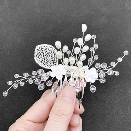 BETITETO Bridal Flower Hair Comb White Wedding Floral Crystal Pearl Silver Leaf Hair Pin Piece Accessories for Women