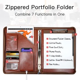WRIYES Carpeta Portadocumentos con Cremallera, Archivador 3 Anillas A4, Carpeta Piel, Portapapeles para Carta Estándar de Papel A4, Portafolios de Cuero Sintético con Bolsillo Interior (Marrón)
