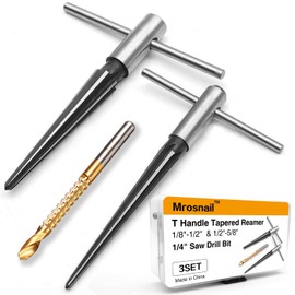 Mrosnail Tapered Reamer Tool Set with T Handle - 2 Pcs Hand Held 6 Fluted Chamfer Bridge Pin Hole Reamers for Woodworking & Guitar Luthiery, Sizes 3-13mm(1/8"-1/2") & 5-16mm (½"-5/8")