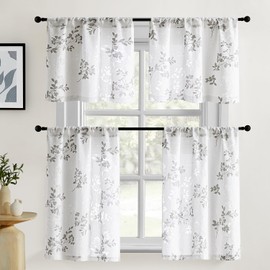 HOMEIDEAS Kitchen Curtains 36 Inch Length 2 Panels, Light Filtering Privacy Semi Sheer Curtains, White and Grey Printed Leaf Bathroom Window Drapes for Small Window Cafe, 30 X 36 in