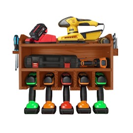 Pro-Lift Cordless Drill Organizer – wall mount power tool storage rack, 5 hanging slots, wooden M-003W2