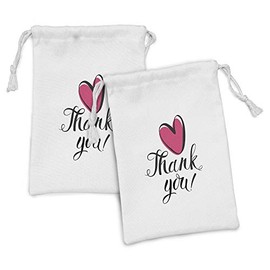Ambesonne Thank You Fabric Pouch Set of 2, Heart in Bold Outline Linear Hand Drawn Doodle Scribble Love Memo Thankful, Small Drawstring Bag for Toiletries Masks and Favors, 9" x 6", Black Dark Pink