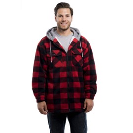 Trail Crest Mens Buffalo Plaid Classic Sherpa Lined Zip Up Hooded Shirt Jacket, Red, Medium