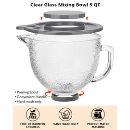 Hammered Glass Mixing Bowl 5 QT, Mixing Bowl for KitchenAid 4.5 and 5 Quart Tilt-Head Stand Mixers, Stand Mixer 5 Quart Fits Artisan KSM150, RRK150, KSM100, K45SS, KSM90, KSM95, K45, KSM110, 5KSM125