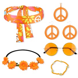 Psiokimi 6 Pcs Hippie Accessories Set, 60s 70s Hippie Costume Set Boho Peace Sign Necklace Earrings Flower Crown Headband