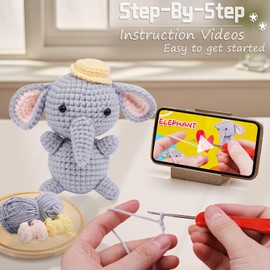 Cozenbrace Crochet Kit for Beginners, Elephant Wobbles Crochet Animal kit with Step-by-Step Video Tutorials, Beginner Crochet Kit for Adults, Crochet Animal Kit for Kids