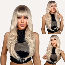 SUKRI Blonde Wigs for Women Layered Wig with Bangs Omber Wig with Black Roots 26Inch Long Wavy Synthetic Heat Resistant Hair for Daily Cosplay Use