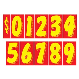 Auto Dealer Supplies 7 1/2 Vinyl Number Decals, Windshield Pricing Stickers, Red & Yellow Car Lot Pricing Numbers, 11 Dozen