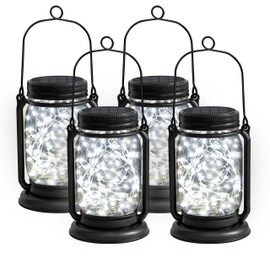 4 Pack Hanging Solar Lantern Lights, 30LED Vintage Glass Mason Jar Solar Fairy Lights Outdoor Decorative Waterproof Table Lamp with Stakes for Patio Yard Lawn Tree