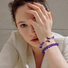 YeeHeen Crystal Bracelets for Women 2Pieces Natural Beaded Bracelet Set Gemstone Butterfly Charms Stretch Bracelet Purple