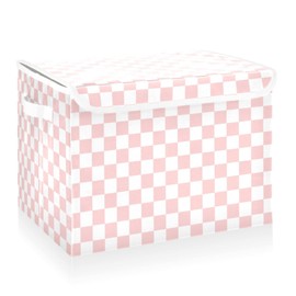 CaTaKu Large Fabric Storage Bins With Lids,Pink Checkered Racing Storage Boxes With Handles for Organizing Clothes, Collapsible Storage Cube Bins Baskets for Shelves