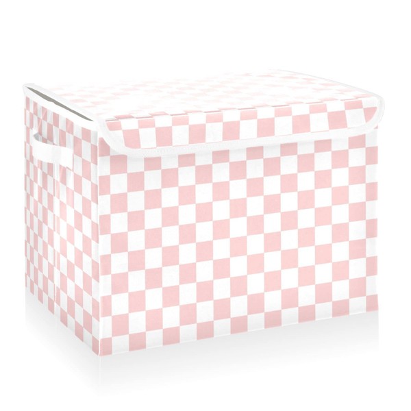 CaTaKu Large Fabric Storage Bins With Lids,Pink Checkered Racing Storage