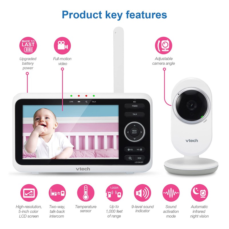 VTech VM350 Baby Monitor, 5" Screen, 1000ft Long Range, Night