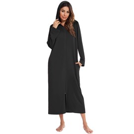 C2M Women's Zipper Lounger Robe Long Sleeve Full Length Housecoat with Pockets XX-Large Black