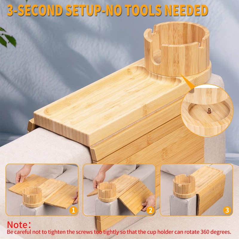 Bamboo Couch Cup Holder-Sofa Table Fits Most Sofas,3-in-1 Tray for