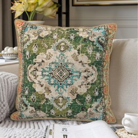 Boho Green Teal Carpet Velvet Pillow Covers 18X18 Inch Set of 2 Vintage Ethnic Floral Decorative Pillow Cases Antique Rust Bohemian Soft Cushion Case with Invisible Zipper Home Decor for Sofa Couch