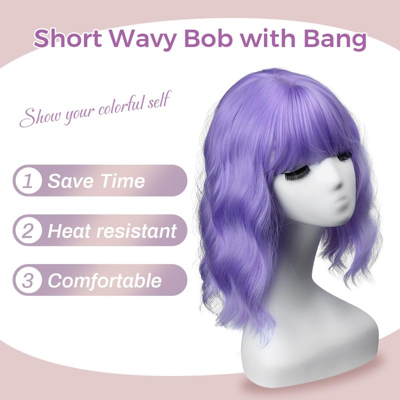 Short Wig with Bangs, Short Wavy Bob Wig for Cosplay