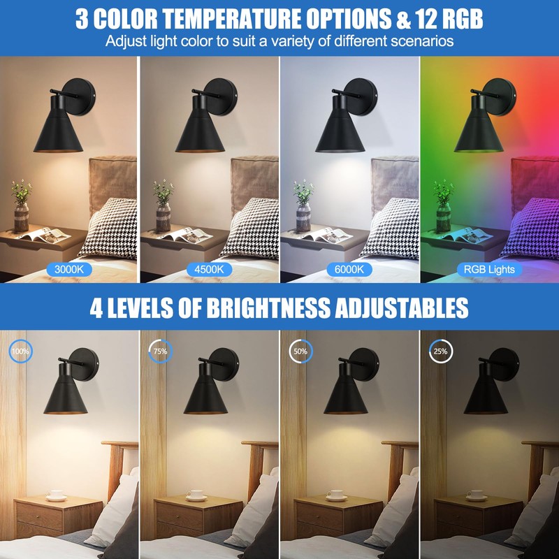 HOJOYRI Modern Wireless Battery Operated Wall Sconces, Black Rechargeable Cordless