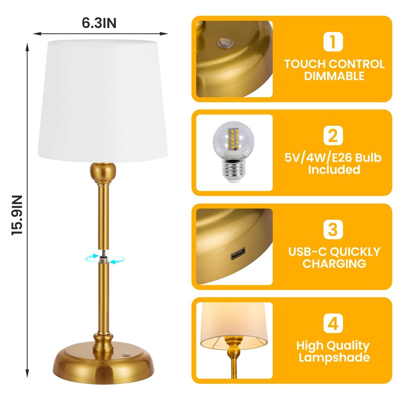 Small Cordless Table Lamp Touch Control, 6000mAh Battery Powered, Low