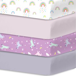 Little Grape Land Baby Crib Sheets Set for Boys & Girls, 4-Pack Soft & Breathable Microfiber, 52"x28" Fitted Sheets for Standard Toddler Crib Mattress, Cute Patterns – Rainbow