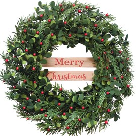 Bibelot Artificial Christmas Wreath 20 Inch Winter Spring Wreaths for Front Door Decoration, Green Leaves Pine Needle Wreath with Red Berries, All Seasons Indoor Outdoor Farmhouse Festival Decor
